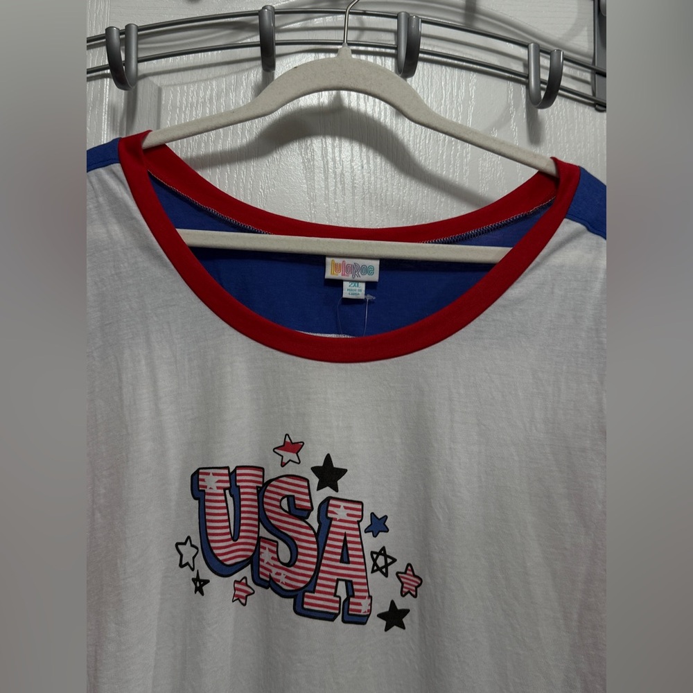 LuLaRoe Boyfriend Tee 2XL USA Americana Patriotic Red White Blue Stars Stripes - Picture 3 of 13